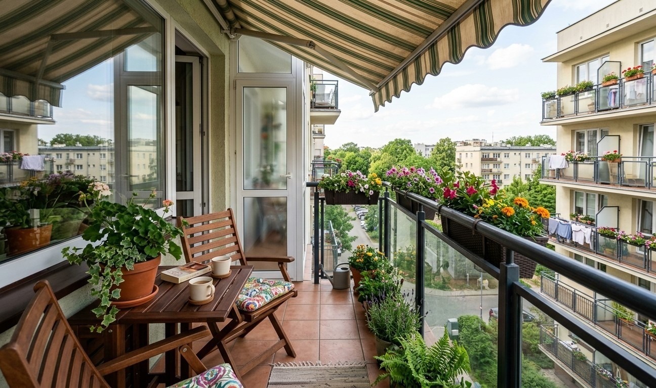 ładnie urządzony balkon w bloku
