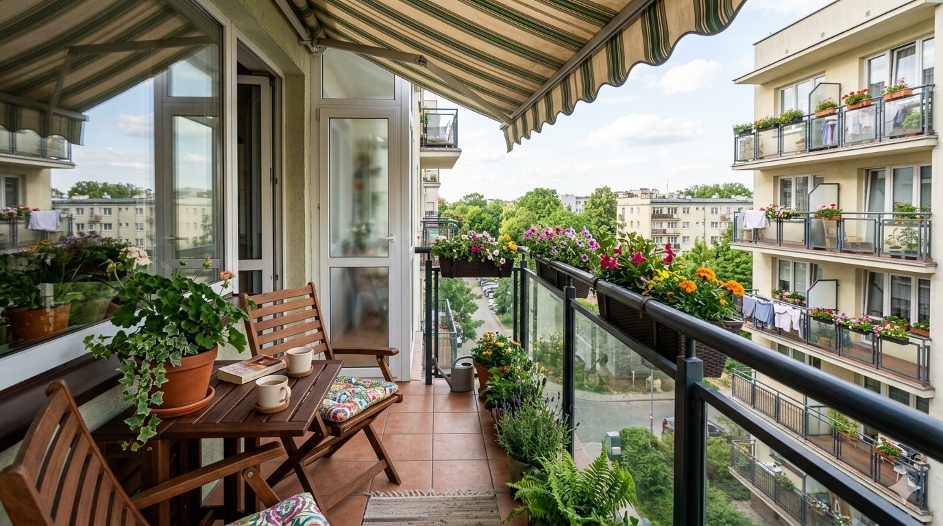 ładnie urządzony balkon w bloku