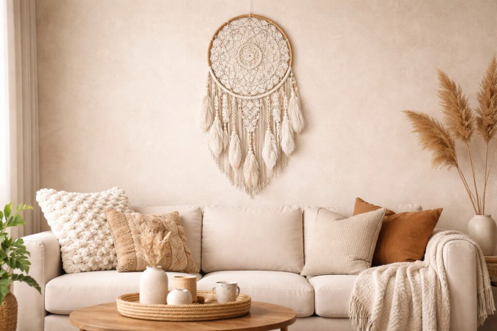duży łapacz snów (makrama) na ścianie w salonie